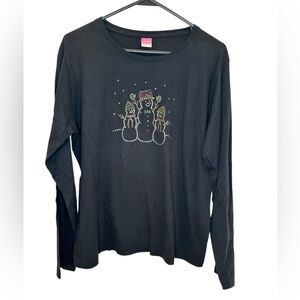 Women's Holiday Long Sleeve Top/Shirt Size Large-Black with Snowman Scene-Bling